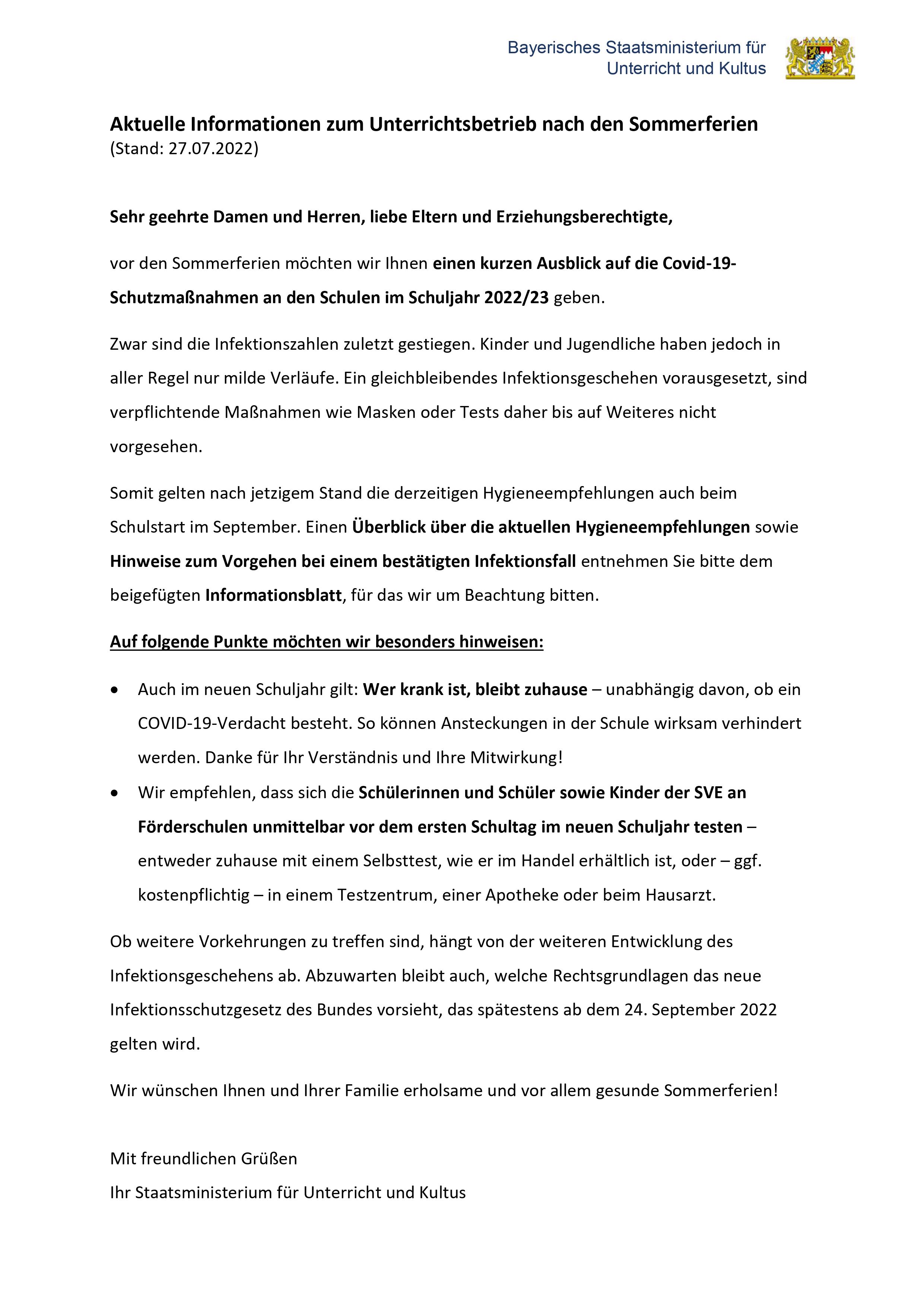 Aktuelle Informationen zum Unterrichtsbetrieb nach den Sommerferien